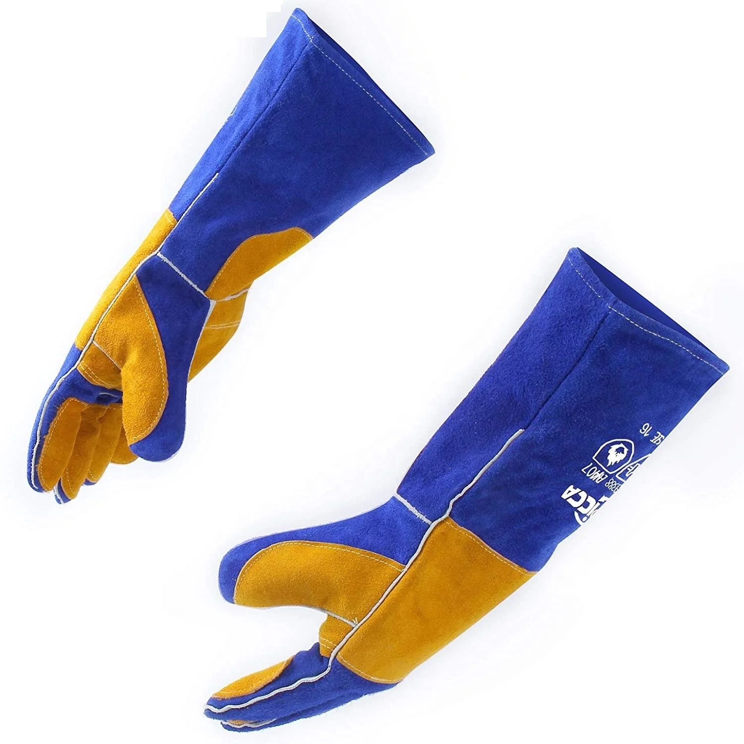 Hot Selling Long Pattern Cow Skin Leather Safety Hand Gloves Blue Leather Welding Heat Resistant Gloves