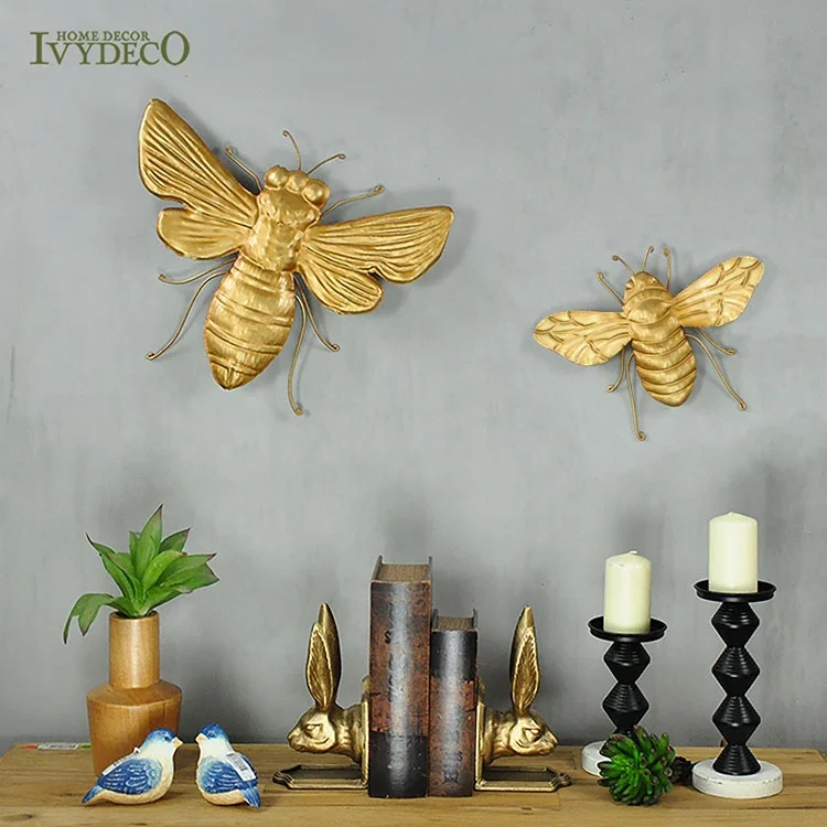 IVYDECO handmade golden bee wall decor art 3d metal sculpture honey bee decoration bee shape wall art hanging