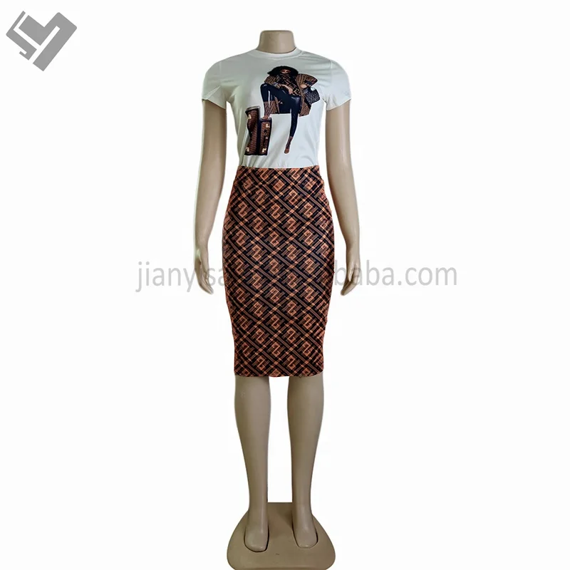 2023 New Arrival Famous Brand Women Summer 2 Piece Set Luxury Clothing Designer Print Short Sleeve T Shirt Midi Skirt Set