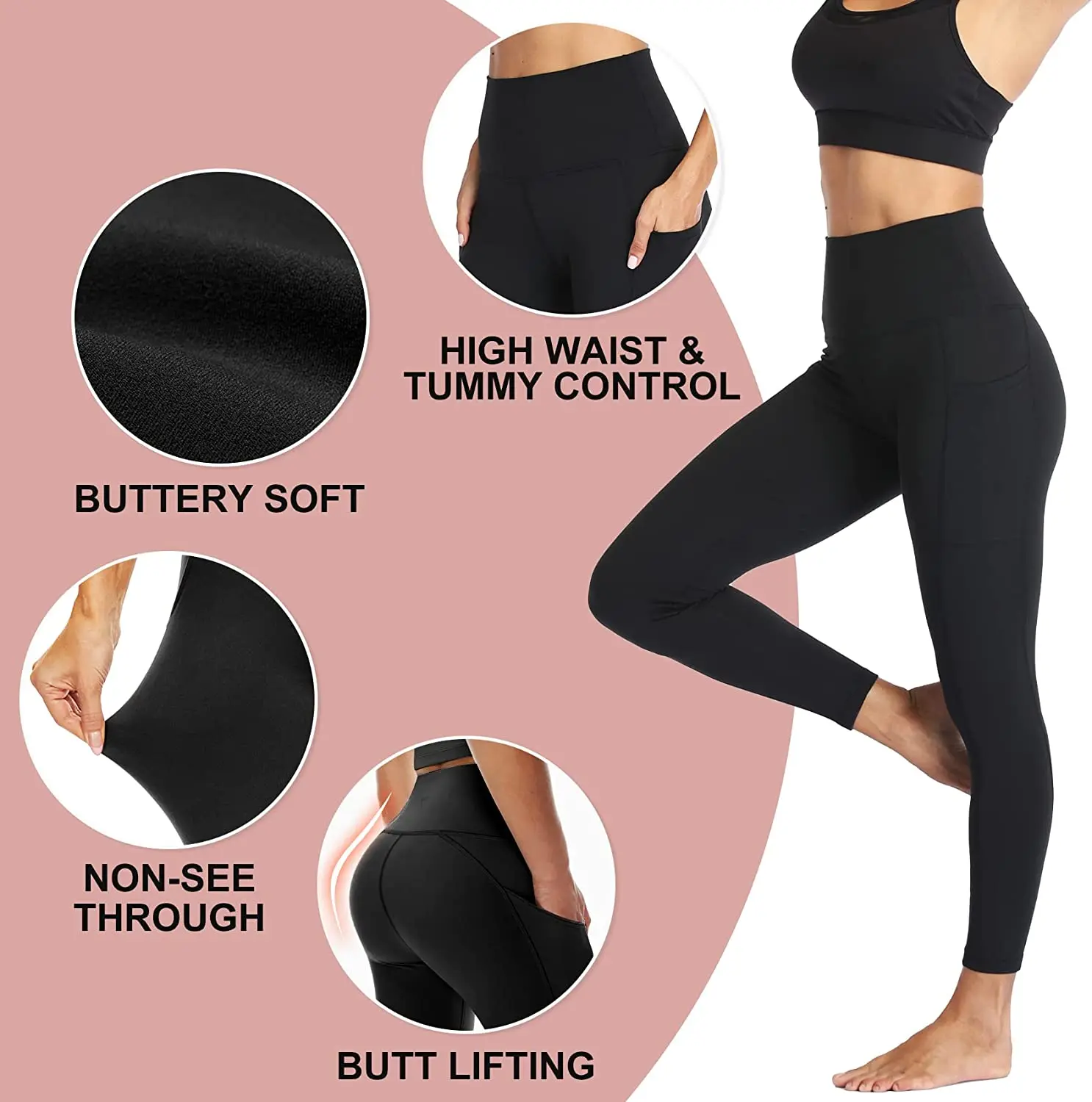Wholesale Custom High Waisted Sports Workout Yoga Pants Leggings For Women Soft Polyester Gym Fitness Leggings With Pocket