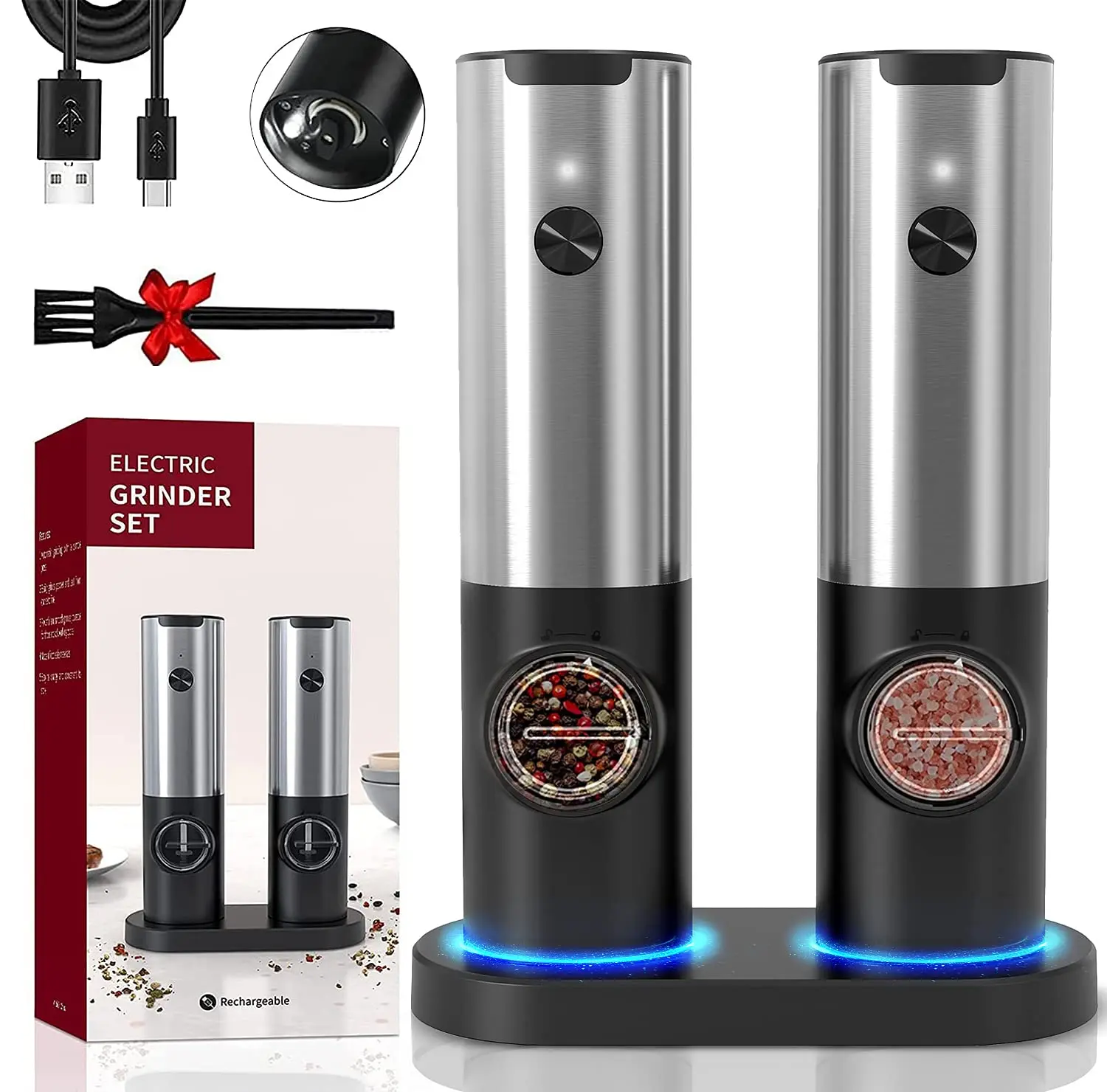 Stainless Steel Automatic Pepper Grinder  Electric Salt Grinder Pepper Mill Set Gravity Sensor Spice Grinders