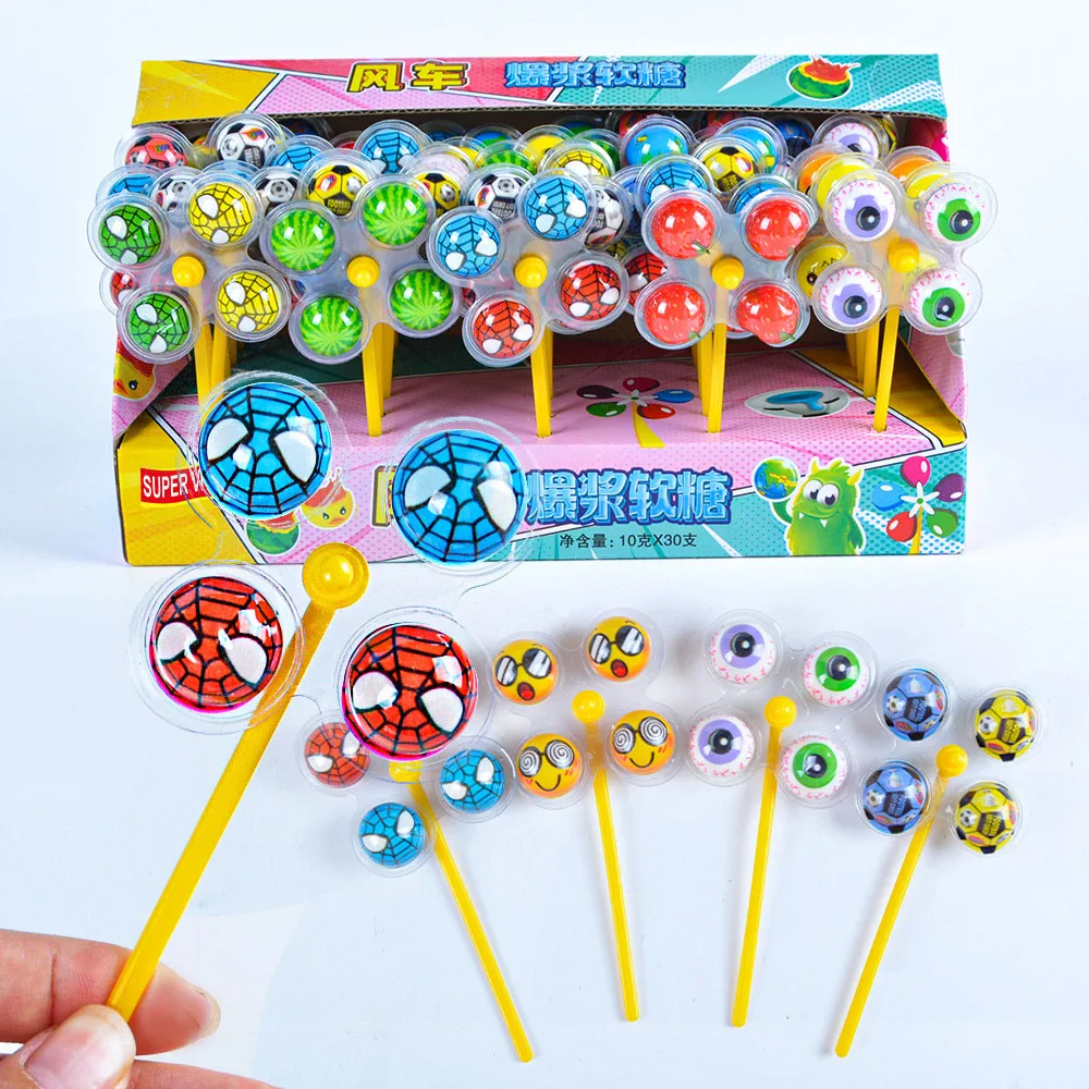 Wholesale Custom 2024 New Sweet Filled Jam Ball Shape Gummy Windmill Lollipop Candy