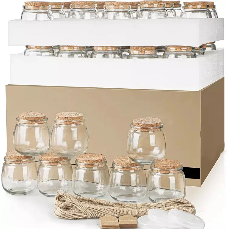 Empty circular wide mouth mini yogurt can wholesale food glass pudding bottles with cork caps
