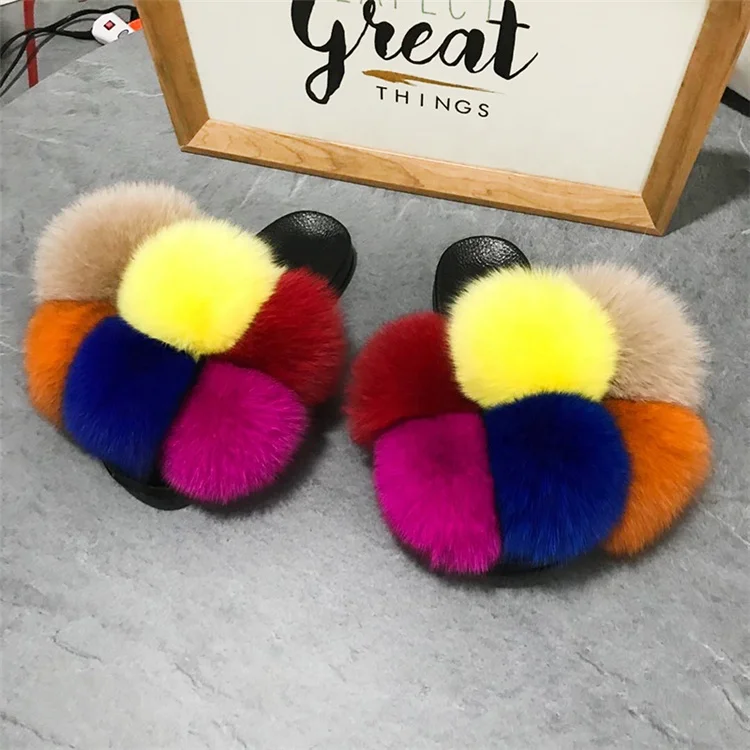 
custom logo indoor eva sole slide sandal colorful 100% fox fur slipper 