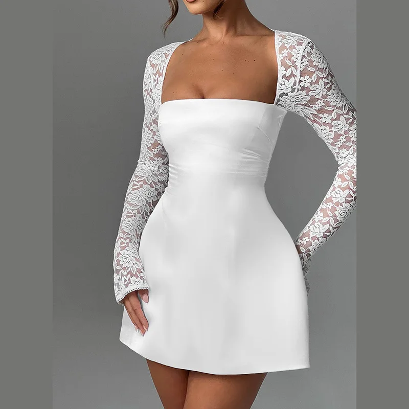 Vacation style sexy lace stitching long sleeve fantasy socialite style silk short dress women