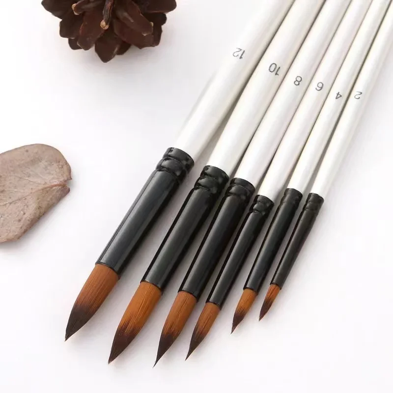 6pcs Pearl White Barrel Nylon Oil Brush Round Flat Hair Shape With Wood Handle Painting Brush Wholesale