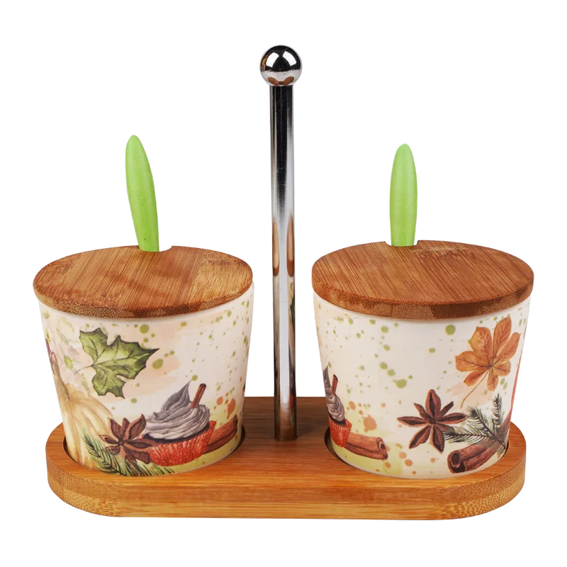 Wholesale melamine bpa free biodegrade and eco friendly bamboo fiber spice jar with bamboo lid seasoning cans tanks casters