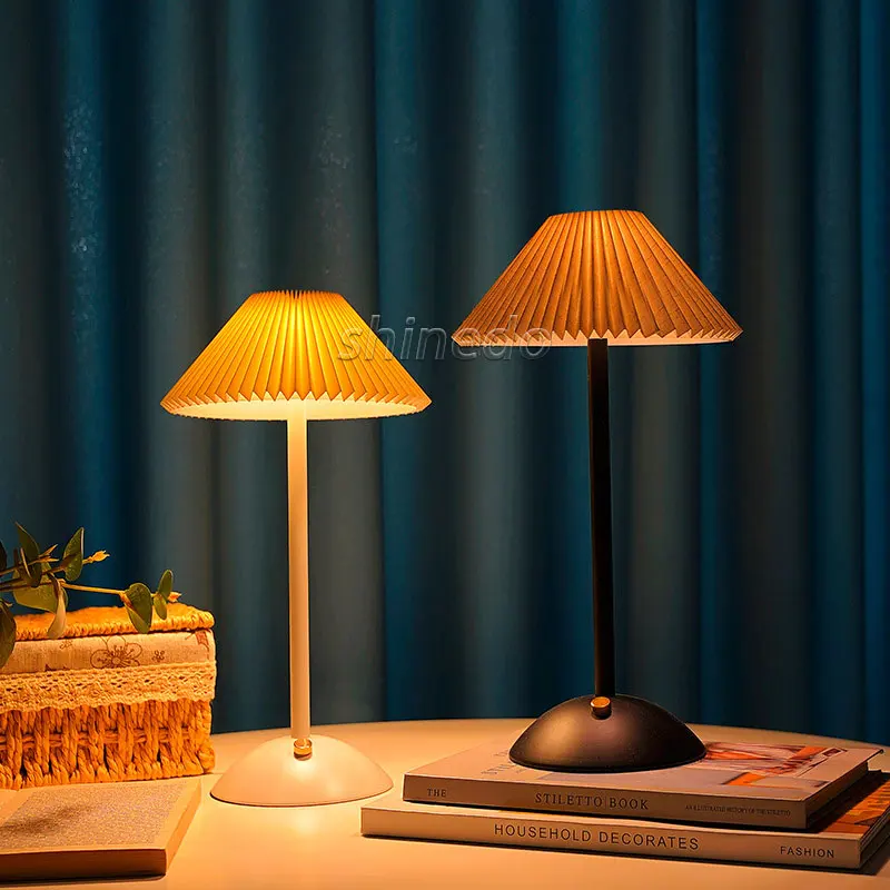Modern Rechargeable Cordless Touch Control Dimmable Metal Table Lamp Pleated Table Lamp Vintage Rattan USB Warm White