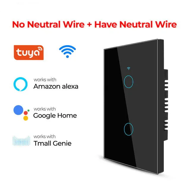 US Smart Switch 2 gang Tuya Control Works With Google Home Smart Life RF Remote Control WiFi Panel No Neutral Touch Wall Switch