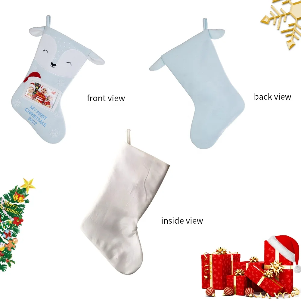 Home Decoration Grey Blue Pink Fox Embroidered Snowflake Christmas Stocking with Hanging Hook