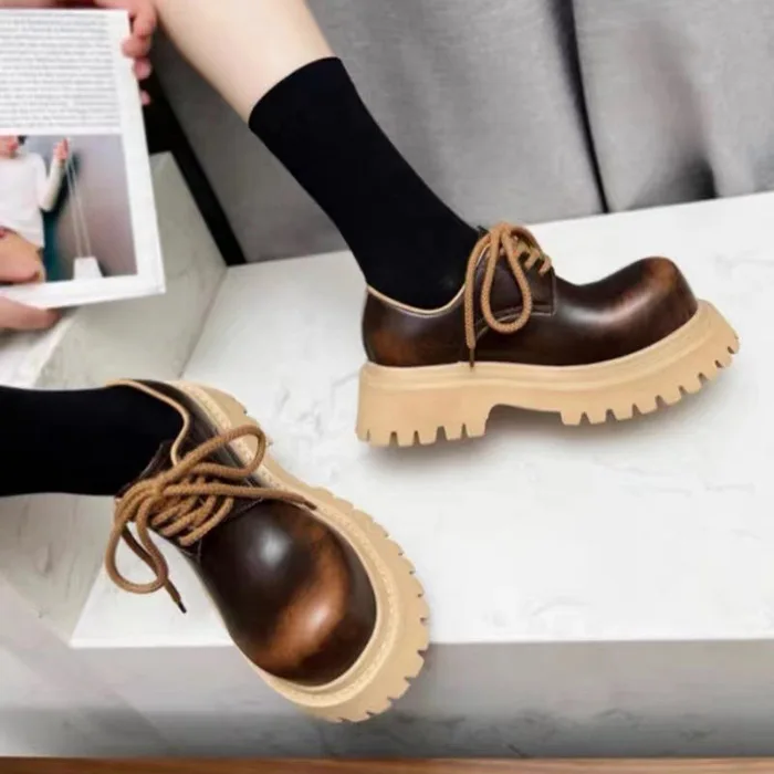 Custom OEM genuine leather mickey oxfords distressed dress man shoes lace up round big toe thick sole unisex derby loafer shoes
