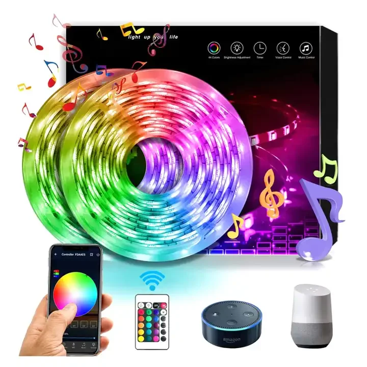 QQE WiFi Tuya IP20 12V 10m 5050 RGB App Control Alexa Google Voice Activated Smart LED Light Strips