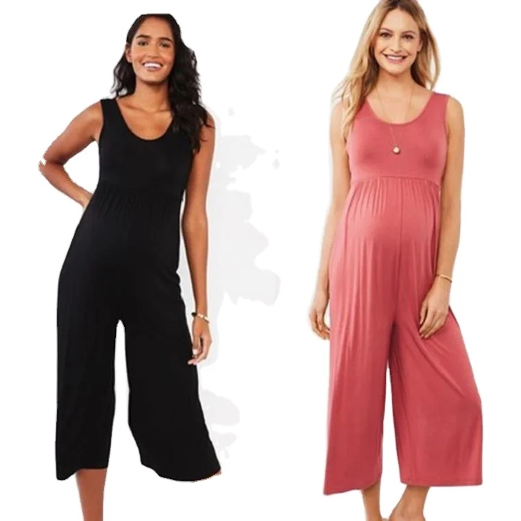 
Hot Selling Solid Color Casual Pregnant Outfits Sleeveless Women Sets Capri Pants Maternity One Piece Suit With Wide Leg 