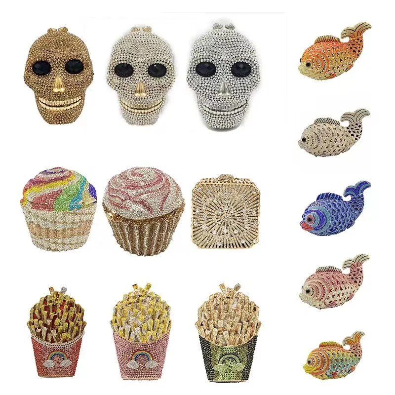 Hot selling luxury party women handbag ice cream ladies rhinestone clutches wedding fish shape purse
