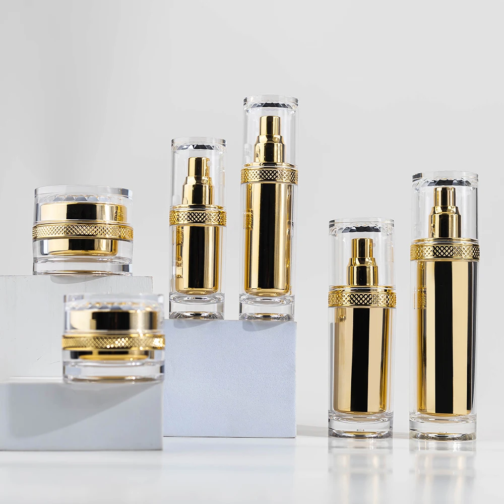 Body Lotion Bottle Cosmetic Container Acrylic Skincare Packaging Bottle and Jar Golden Luxury Skin Care Packaging Custom PET