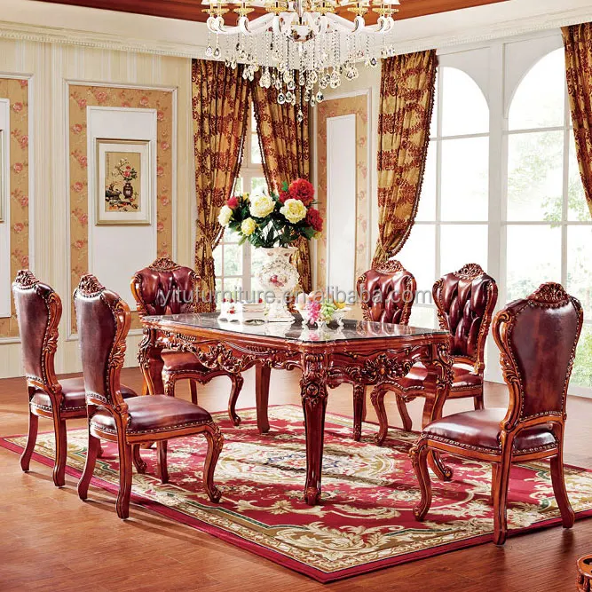 European dining room sets walnut color classic wooden marble top tables solid wood hand carved chairs luxury dinner table
