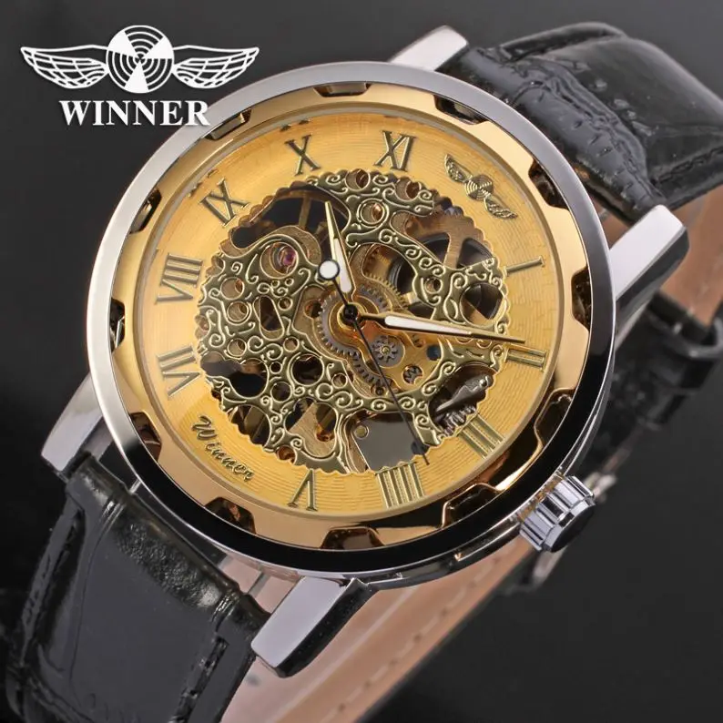 WINNER 8008 hot sell blue boys mechanical watch costume leather band Waterproof self winding skeleton storage wrist watch
