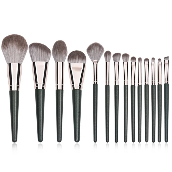 Wholesale 14pcs Textured Green Wooden Handle Rose Gold Ferrule Synthetic Hair Makeup Brush Set