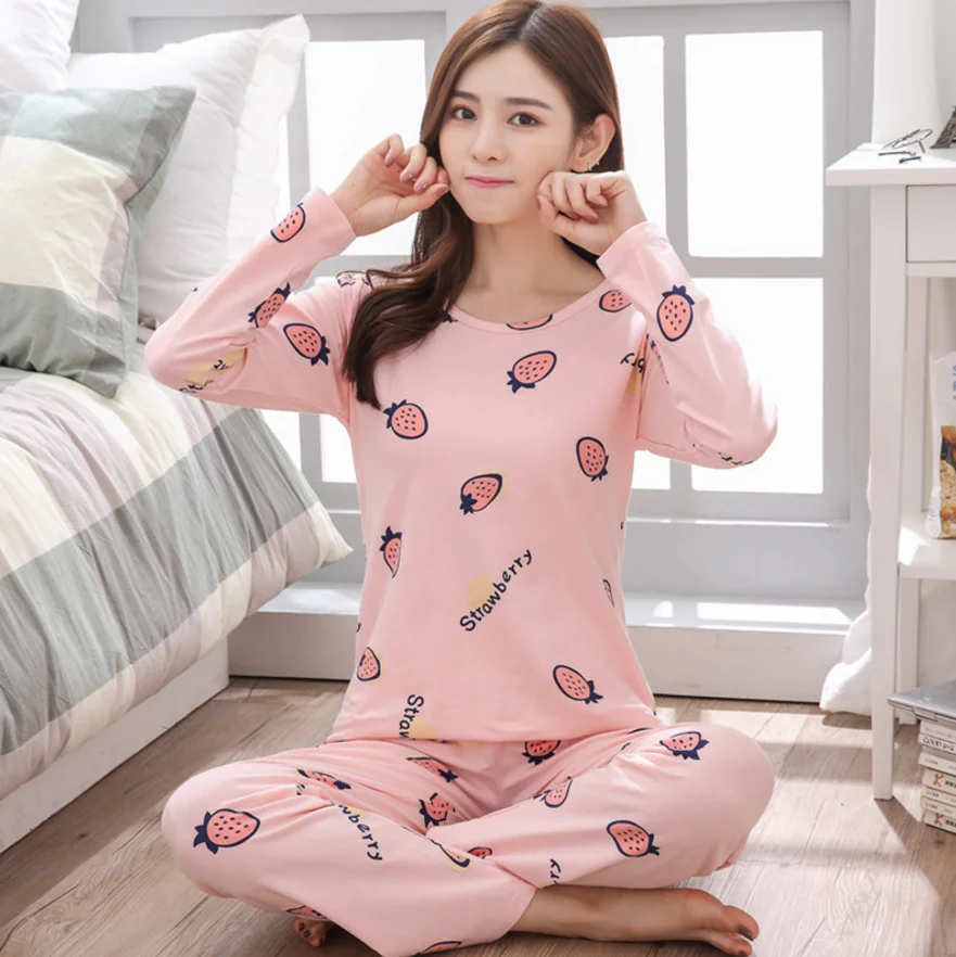 Amazon hot sell lady Sleepwear High quality New cute nighty Wholesale one set Chinese Long Sleeve Women Pajamas