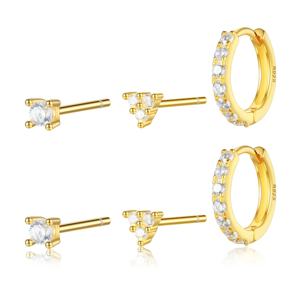 925 Sterling Silver Jewelry  Triangle Turquoise Gold Plated Rhinestone Tiny Stud Hoop Earrings Set Women