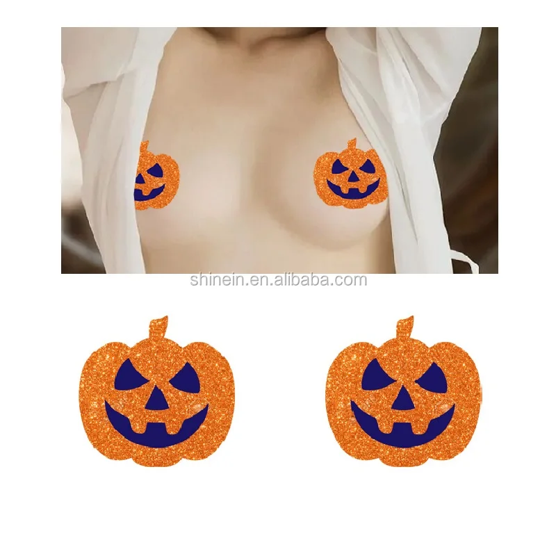 Wholesale Halloween Pumpkin Shape Chest Nipple Pasties Glitter Bra Nipple Covers For Women Decoration