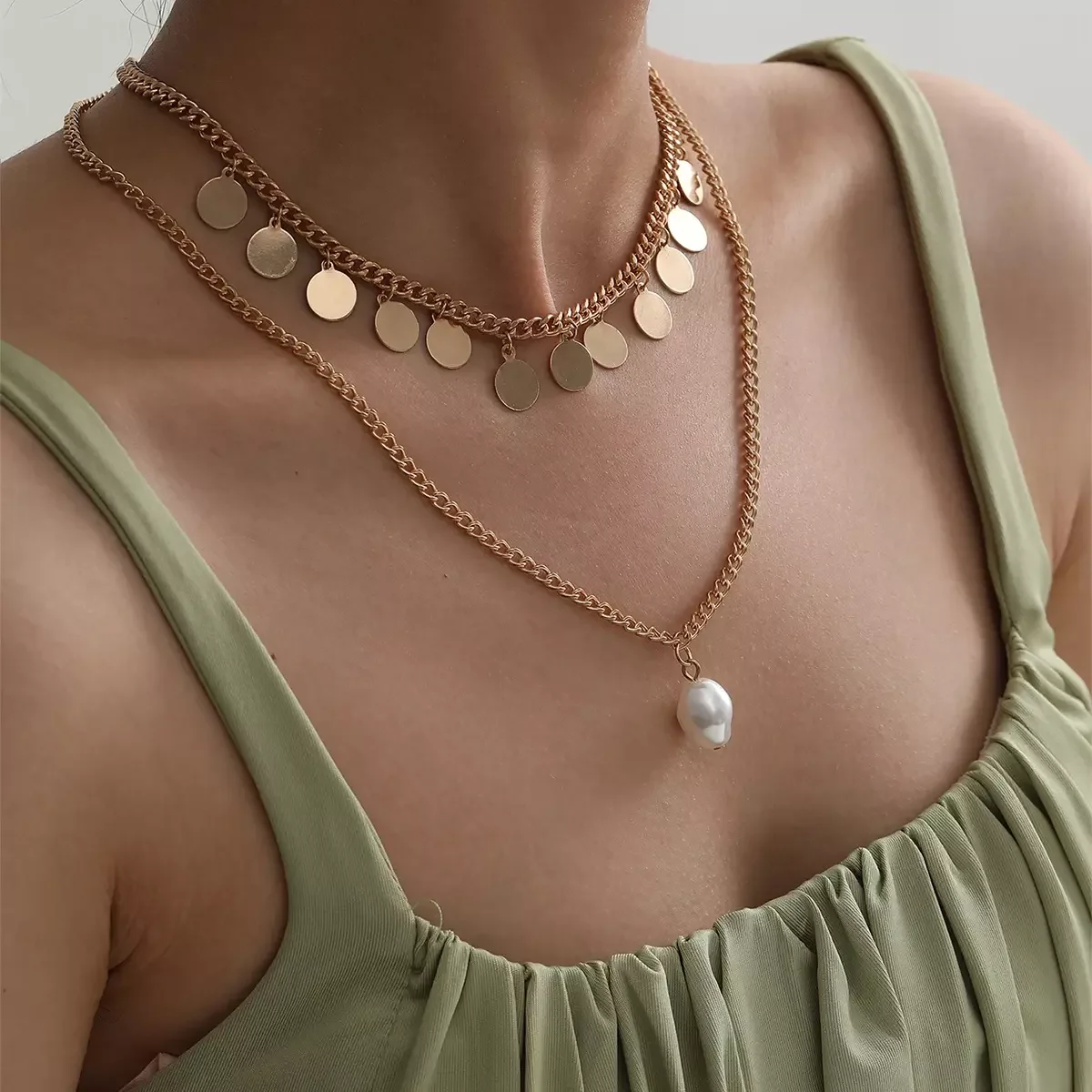 SHIXIN Gold Color Bling Bling Sequin Tassel Necklace Layered Chain Baroque Pearl Pendant Necklace for Women Wedding Jewelry
