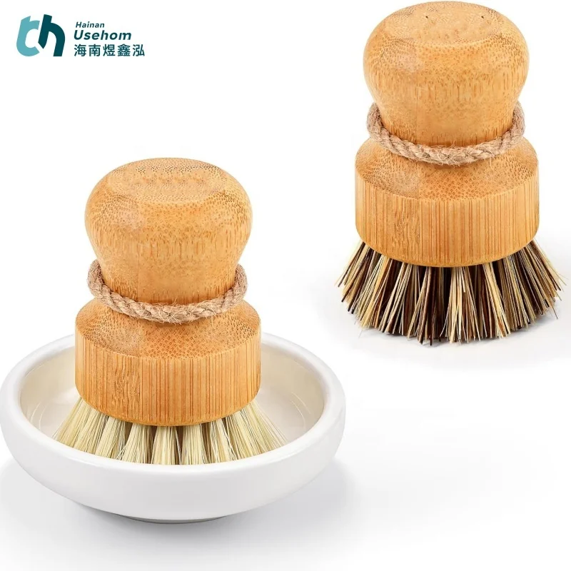 Leeseph Bamboo Dish Scrub Brushes, Kitchen Wooden Cleaning Scrubbers for Washing Cast Iron Pan/Pot, Natural Sisal Bristles