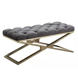 Luxury Living Room Bench Gold Stainless Steel Legs Leather Velvet Chairs Modern Salon Sofa Bed End Stool High-Density Sponge