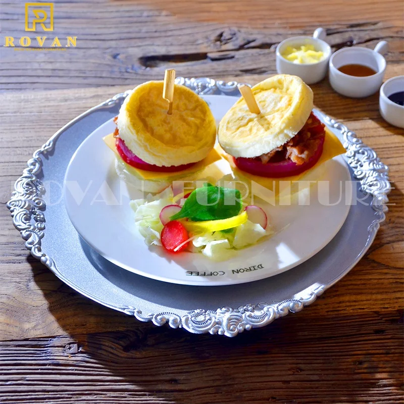 Royal  rose gold rim wedding champagne plastic wedding plates for hotel used plate charger