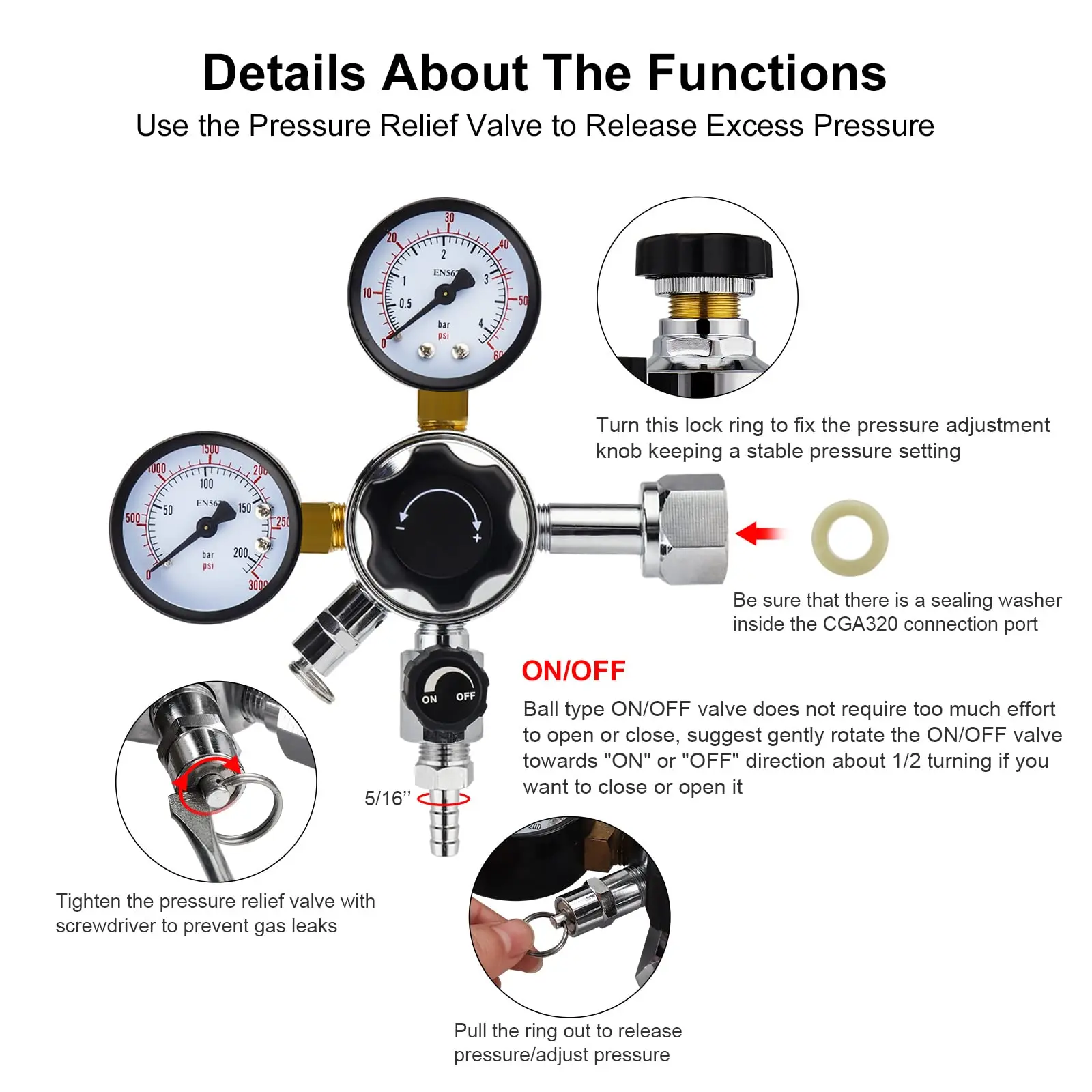 Co2 Dual Gauge  Beer Regulator For Homebrew With Pressure Relief Safety Valve 0-3000psi W21.8/CGA 320 Co2 Gauge Tools