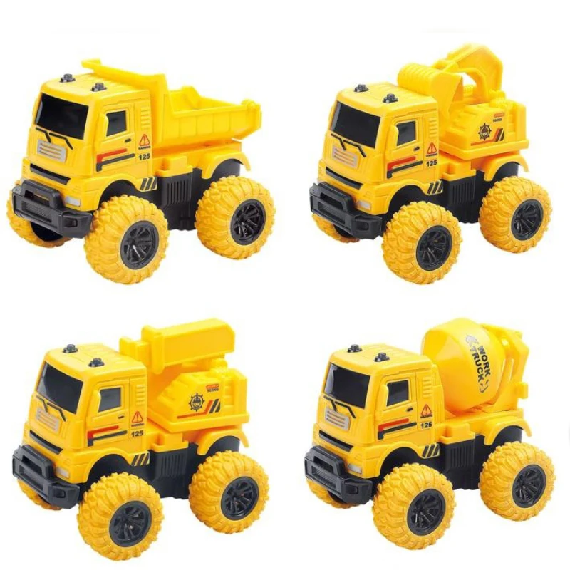 Plastic Pull Back Friction Powered Construction Engineering Vehicle Dump Crane Mixer Truck Kids Toy Car 4 piece
