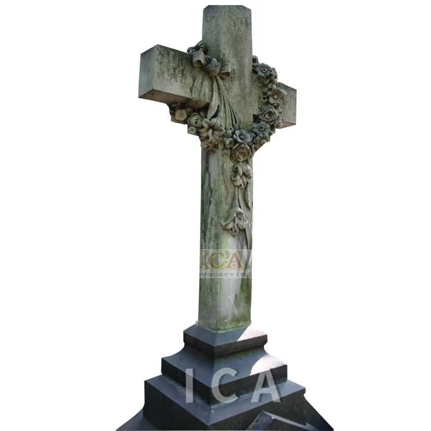 Headstone Marble Cross With Flowers Carved Tombstone
