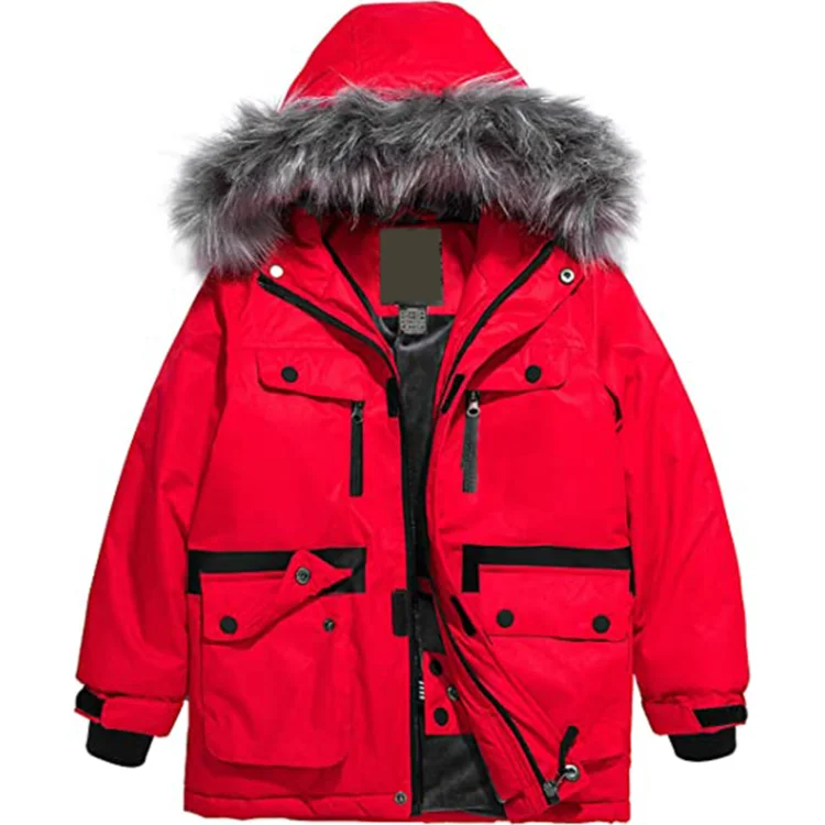Boy Windproof Snowboarding Jackets Ski Winter Warm Coat Men Waterproof Jacket Hooded Parka Outdoor Faux Fur Stand Print Pattern