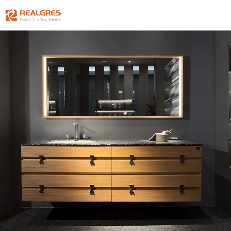 Realgres High end light luxury style large size wall-mounted antique solid wood bathroom vanity cabinet with two mirror cabinets