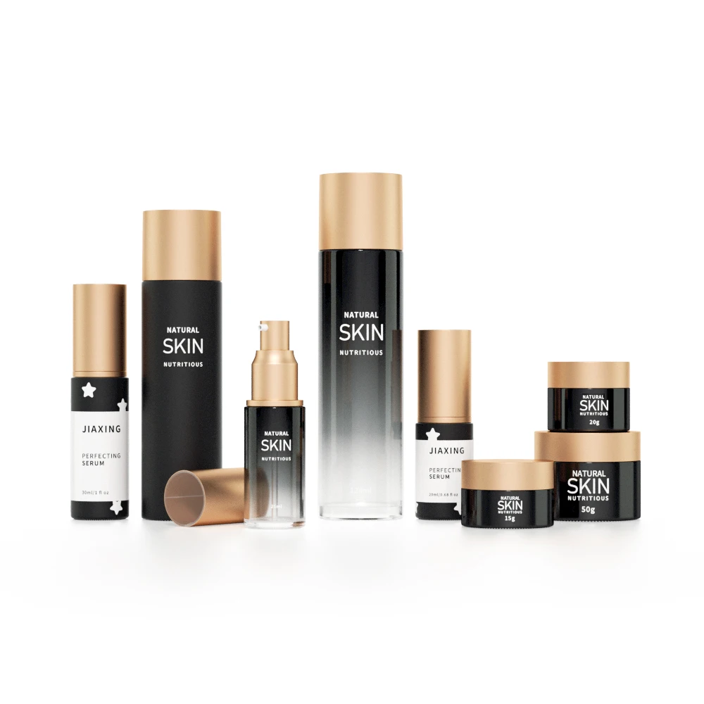 Custom Frosted Empty Pump Lotion Aluminum Cosmetic Packaging Luxury Matte Clear Cream Glass Skincare Bottles and Jars Set