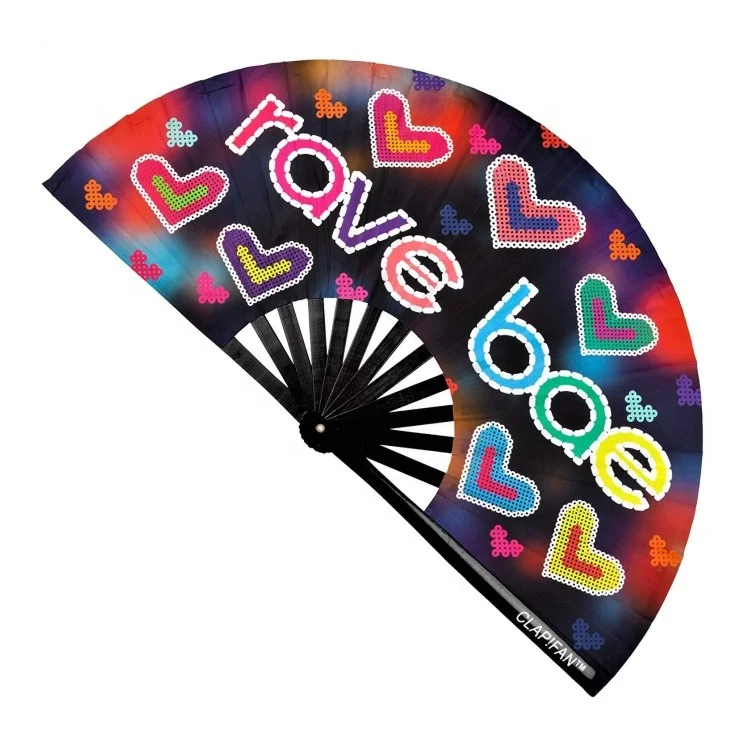 Hot selling 2023 Promotional Large Rave Fan Bamboo Hand Fan Nylon Fabric Hand Held Folding Fans