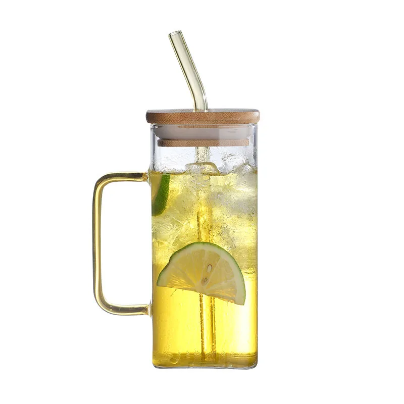 400ml 13oz  Clear Pink Green handle Cold Cups Clear SquareTumblers Borosilicate Glass beer Mug With Bamboo Lids And Straw