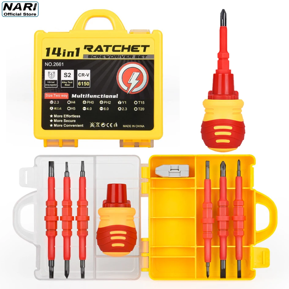 14 in 1 CRV Electrician Multi Head Strong Magnetic Compact Screwdriver Home Repair Hand Tool Insulated Ratchet Screwdriver Set