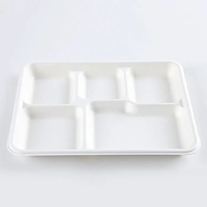100% Natural 5 Compartment Disposable Sugar Cane Fiber Plates Eco-friendly Square Sugarcane Bagasse Tableware Food Tray
