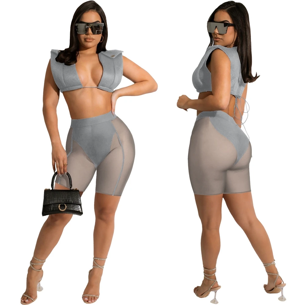 Women Summer Fashion 2022 Beach Wear Mesh Two Piece Short Set Crop Vest Top See Through Biker Shorts 2 Piece Pants Women Set