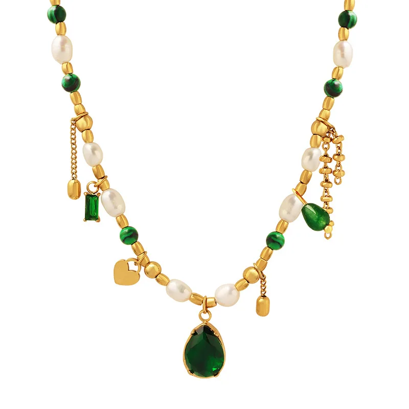 ODM Elegant Fashion Jewelry 18K Gold Stainless Steel Turquoise Green Jade Gemstone Freshwater Pearl Necklace