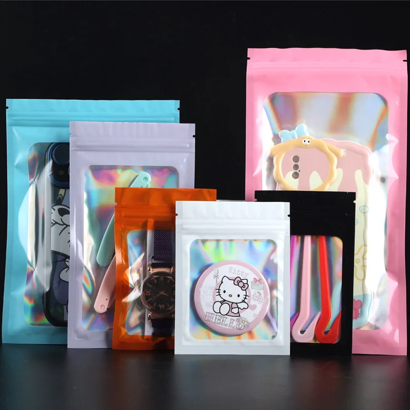 Прозрачная с одной стороны упаковка Ziplock с индивидуальным логотипом самозакрывающиеся белые ювелирные изделия серьги голографический пластиковый мешочек