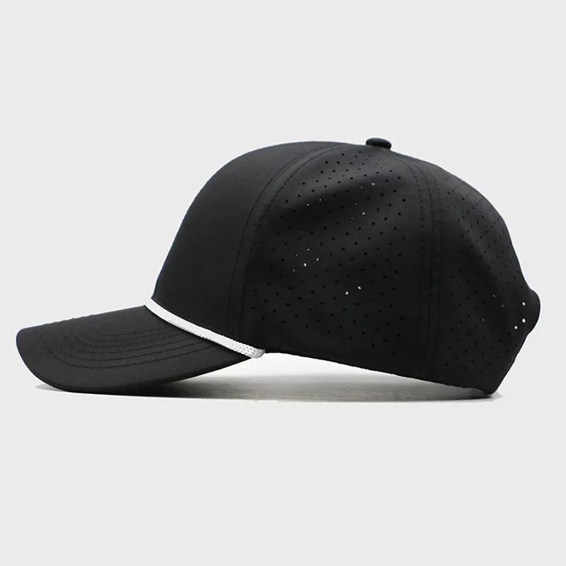 Customized Black Mens Unisex 6 Panel Perforated Laser Cutting Hole Drilled Gorras Sport Baseball Hat Caps With Rope