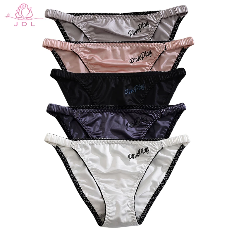 Sexy Girl Thongs Women Glossy Underwear Panty Low Waist Solid Color Satin Fabric Briefs Embroidery Fitness Sports Underpants