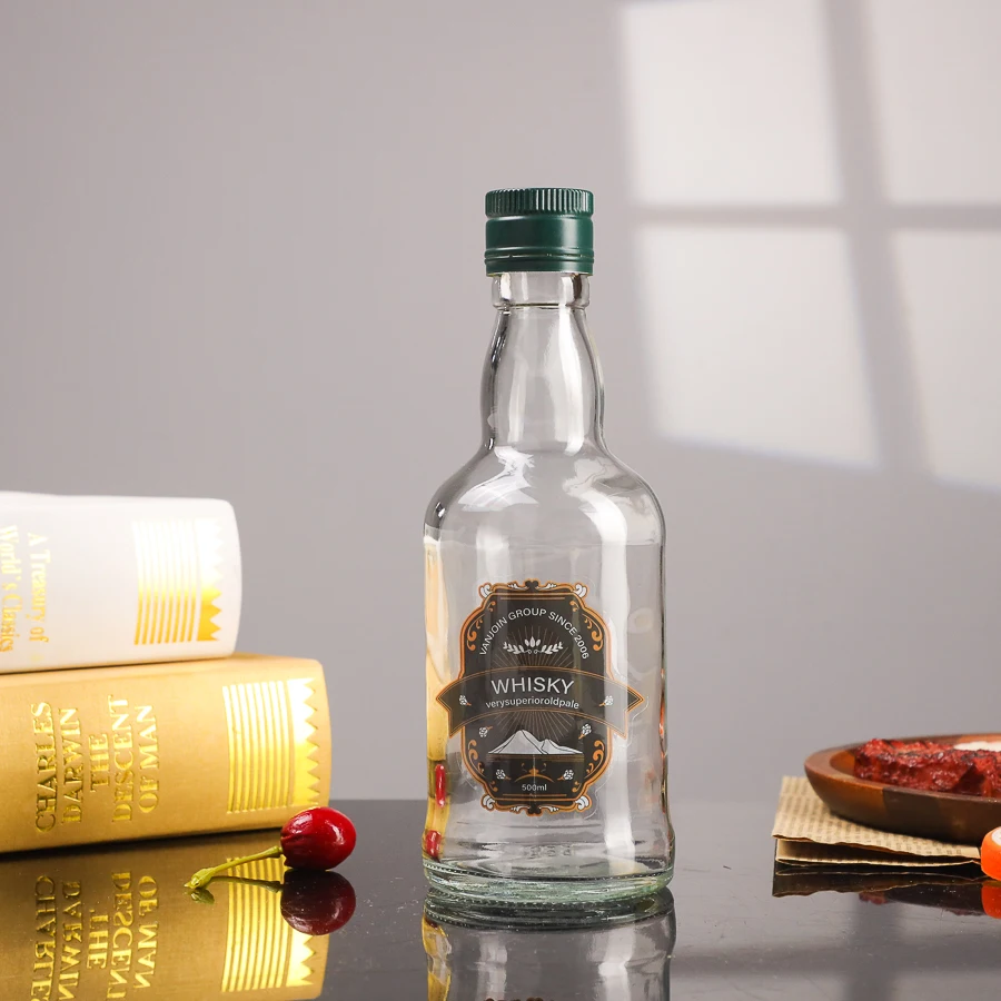 350ml thick glass vodka wine glass bottle classic design clear round empty whiskey liquor glass bottle with POPP cap