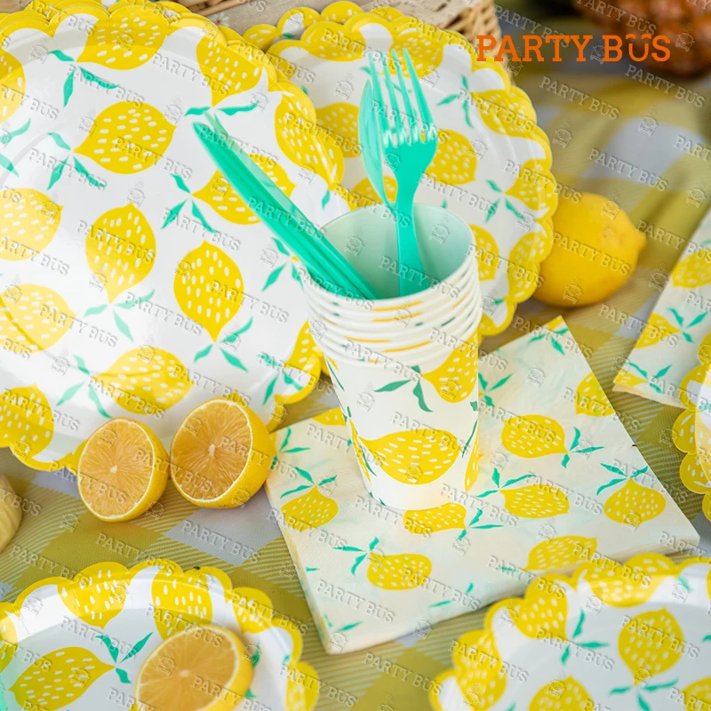 Partybus Lemon Pattern Party Dinner Set Disposable Paper Napkins Plates and Cups Tableware