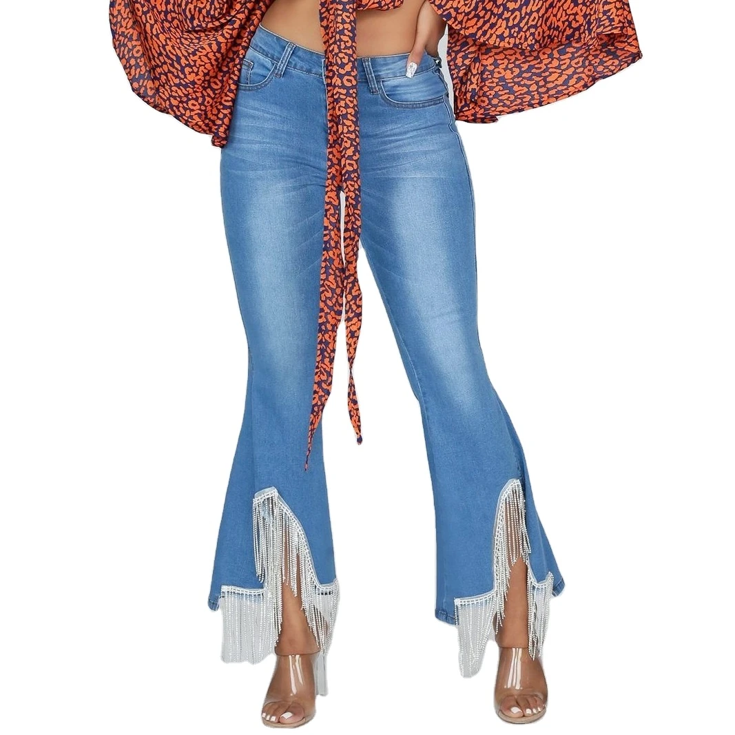 Custom 2022 Spring Newest Women Stretchy Fringe Bell Bottom Plus Size Rhinestone Jeans