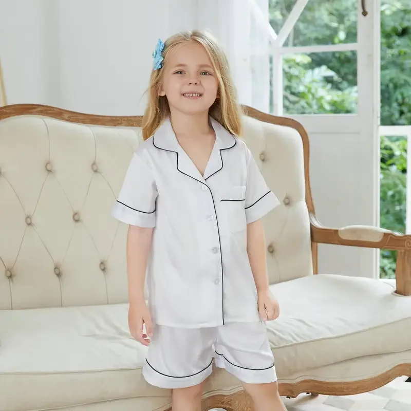 Wholesale factory 4-10Y Child Boy Girl Silk Satin Pajamas set Short Sleeve Tops Shorts Sleepwear Suit
