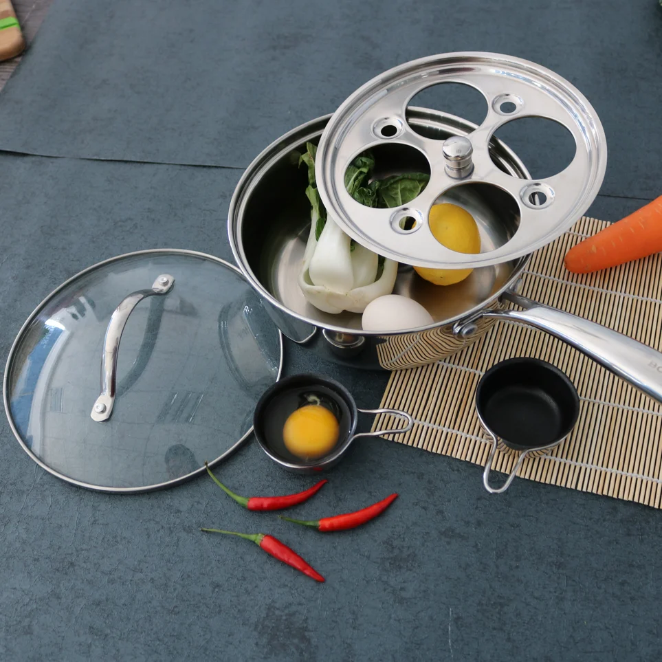 Egg Poacher Pan 4-Cup Non Stick Stainless Steel Tray Non-stick Egg Poacher Stainless Steel Fry Pan with Glass Lid