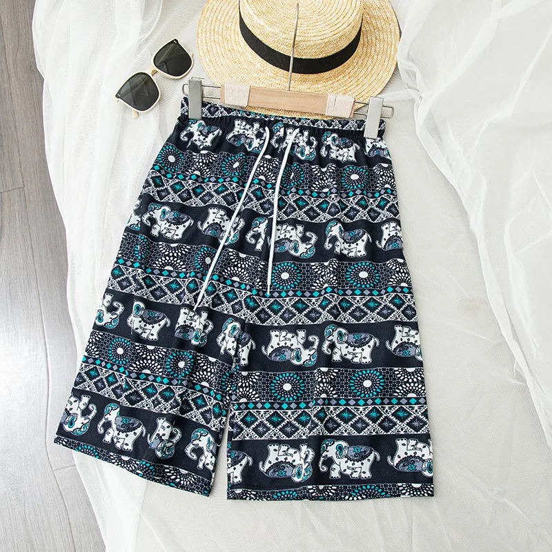 wholesale elegant printed summer women elastic waist wide leg pants casual short pants loose beach women shorts